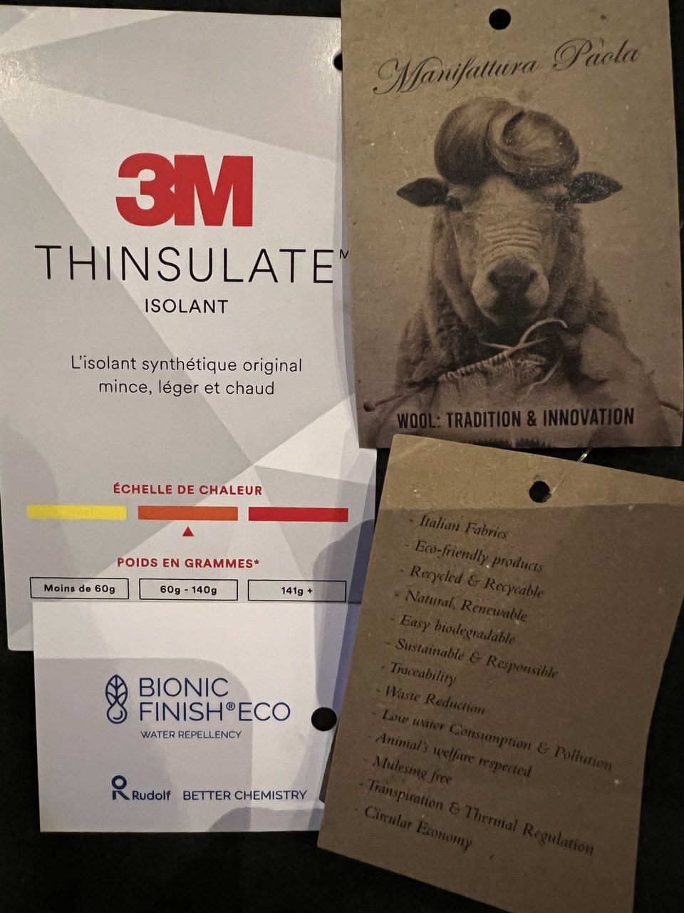Rascher 3M Thinsulate and wool product labels